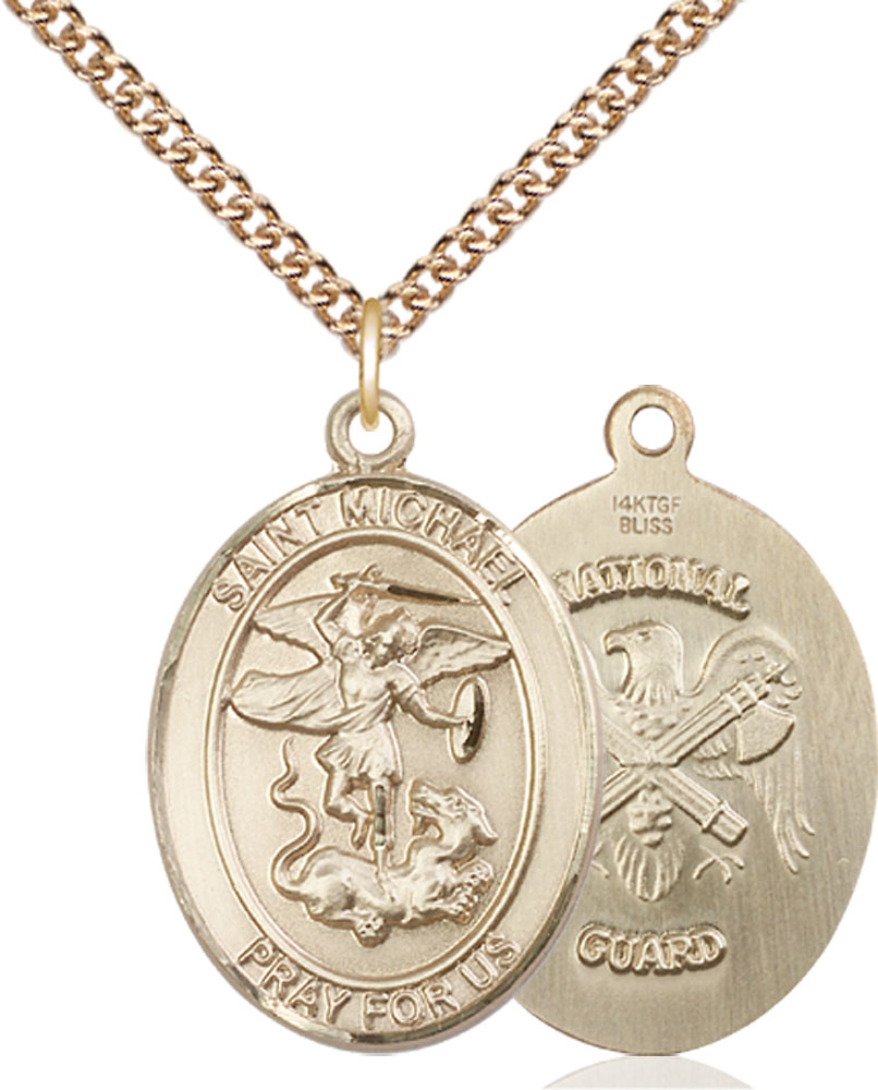 14kt Gold Filled Saint Michael National Guard Pendant on a 24 inch Gold Filled Heavy Curb chain