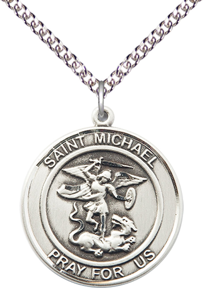 Sterling Silver Saint Michael the Archangel Pendant on a 24 inch Sterling Silver Heavy Curb chain