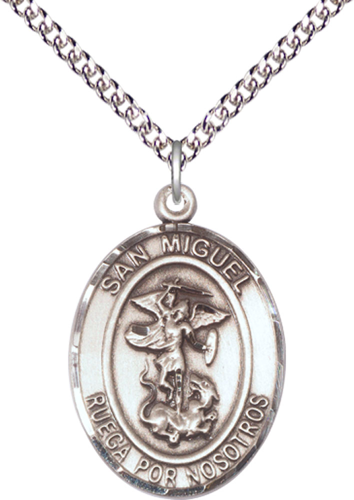 Sterling Silver San Miguel Arcangel Pendant on a 24 inch Sterling Silver Heavy Curb chain
