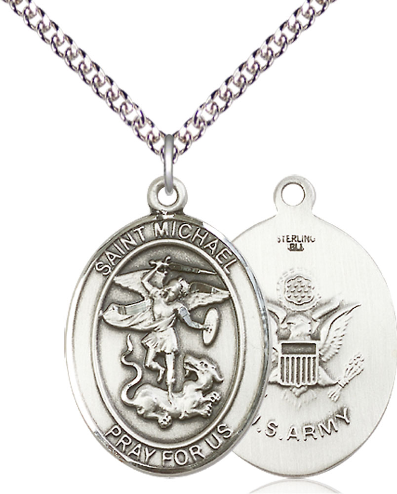 Sterling Silver Saint Michael Army Pendant on a 24 inch Sterling Silver Heavy Curb chain