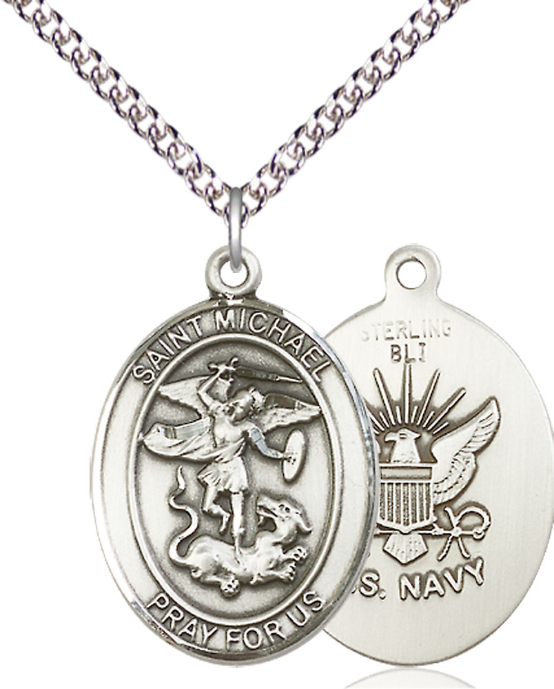 Sterling Silver Saint Michael Navy Pendant on a 24 inch Sterling Silver Heavy Curb chain