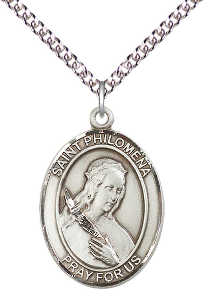 Sterling Silver Saint Philomena Pendant on a 24 inch Sterling Silver Heavy Curb chain