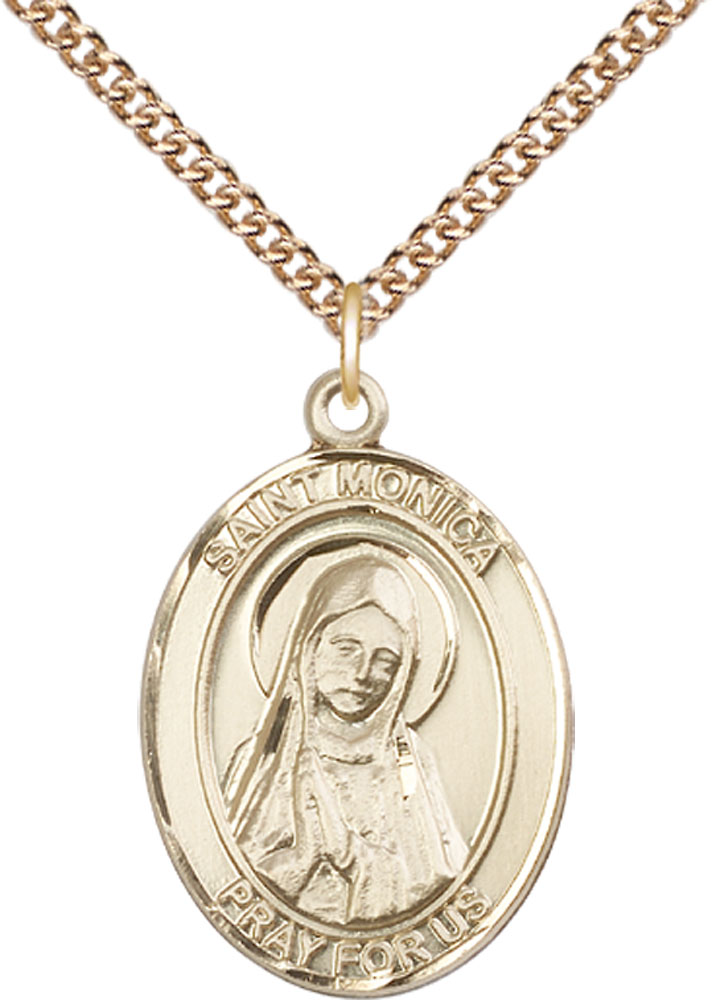 14kt Gold Filled Saint Monica Pendant on a 24 inch Gold Filled Heavy Curb chain