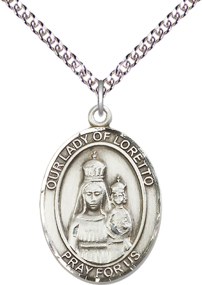 Sterling Silver Our Lady of Loretto Pendant on a 24 inch Sterling Silver Heavy Curb chain