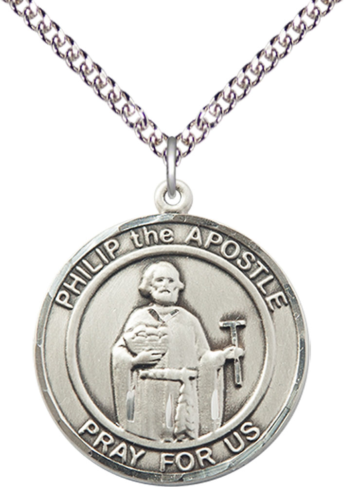 Sterling Silver Philip the Apostle Pendant on a 24 inch Sterling Silver Heavy Curb chain