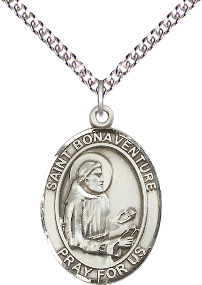 Sterling Silver Saint Bonaventure Pendant on a 24 inch Sterling Silver Heavy Curb chain