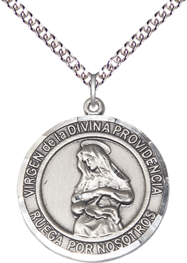 Sterling Silver Virgen Divina Providencia Pendant on a 24 inch Sterling Silver Heavy Curb chain