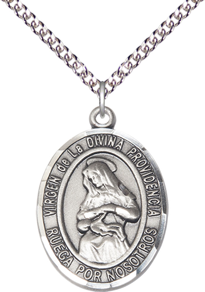 Sterling Silver Virgen de la Divina Pendant on a 24 inch Sterling Silver Heavy Curb chain