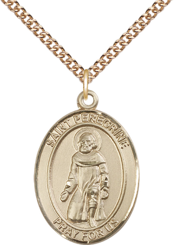 14kt Gold Filled Saint Peregrine Laziosi Pendant on a 24 inch Gold Filled Heavy Curb chain