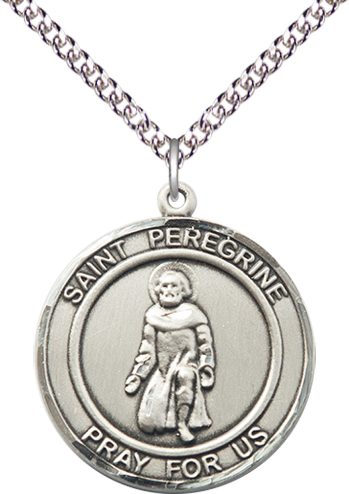 Sterling Silver Saint Peregrine Pendant on a 24 inch Sterling Silver Heavy Curb chain