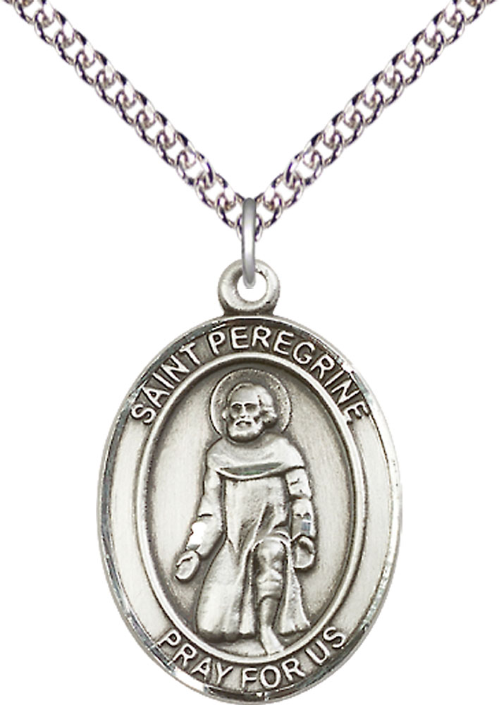 Sterling Silver Saint Peregrine Laziosi Pendant on a 24 inch Sterling Silver Heavy Curb chain