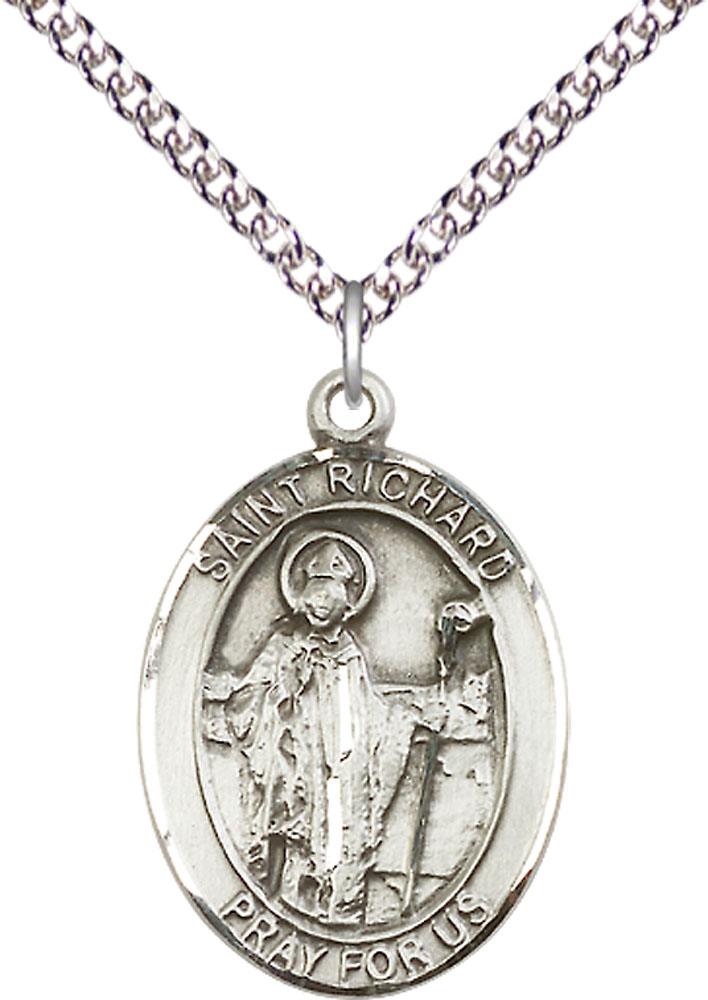 Sterling Silver Saint Richard Pendant on a 24 inch Sterling Silver Heavy Curb chain
