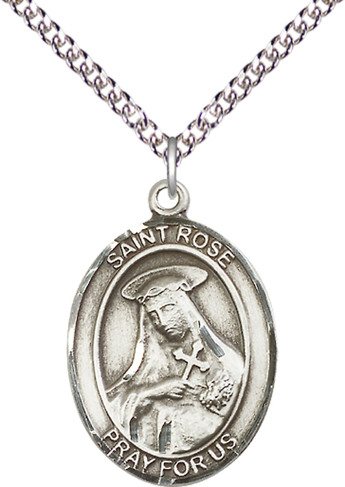 Sterling Silver Saint Rose of Lima Pendant on a 24 inch Sterling Silver Heavy Curb chain
