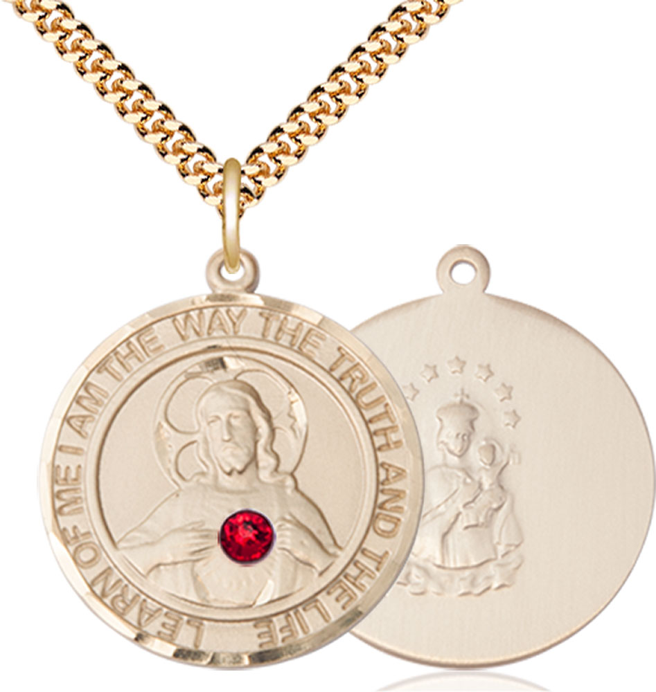 14kt Gold Filled Scapular - Ruby Stone Pendant with a 3mm Ruby Swarovski stone on a 24 inch Gold Plate Heavy Curb chain
