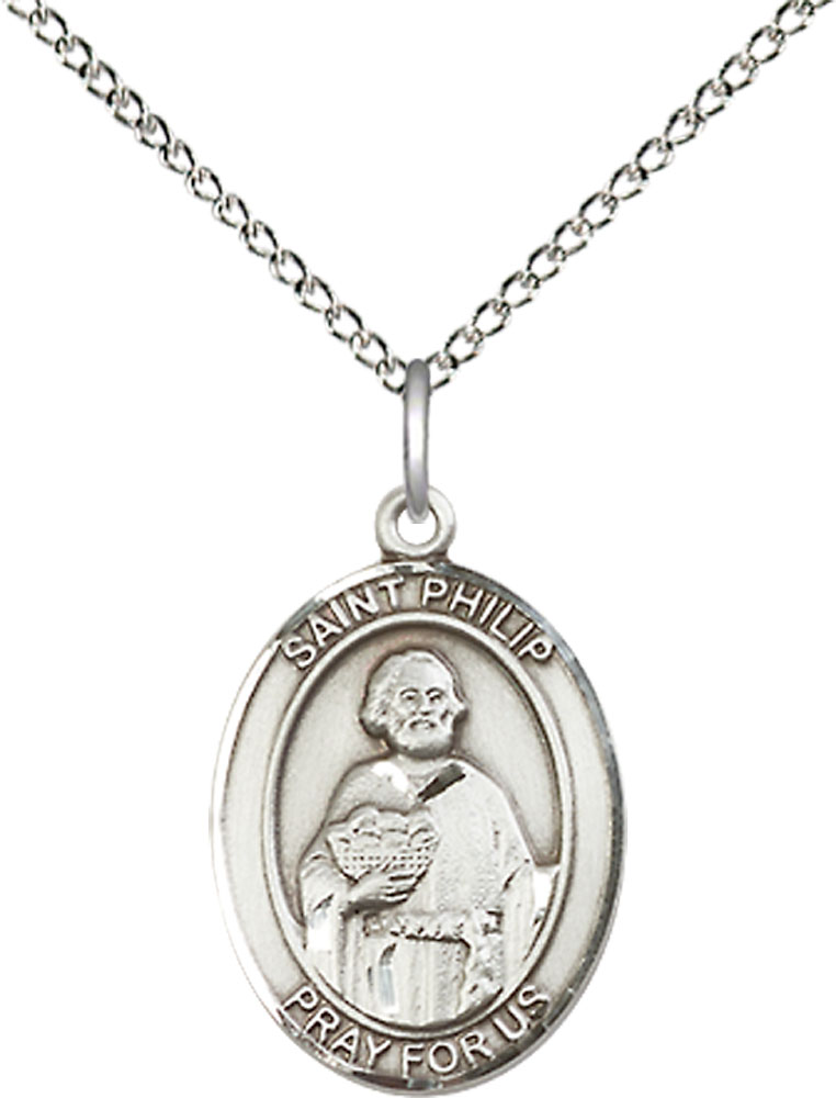 Sterling Silver Saint Philip the Apostle Pendant on a 18 inch Sterling Silver Light Curb chain