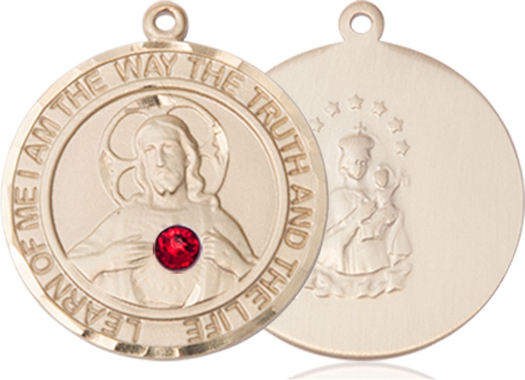 14kt Gold Scapular - Ruby Stone Medal with a 3mm Ruby Swarovski stone