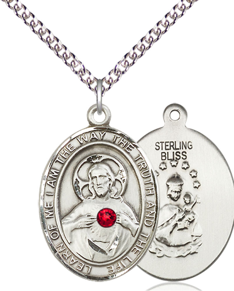 Sterling Silver Scapular - Ruby Stone Pendant with a 3mm Ruby Swarovski stone on a 24 inch Sterling Silver Heavy Curb chain