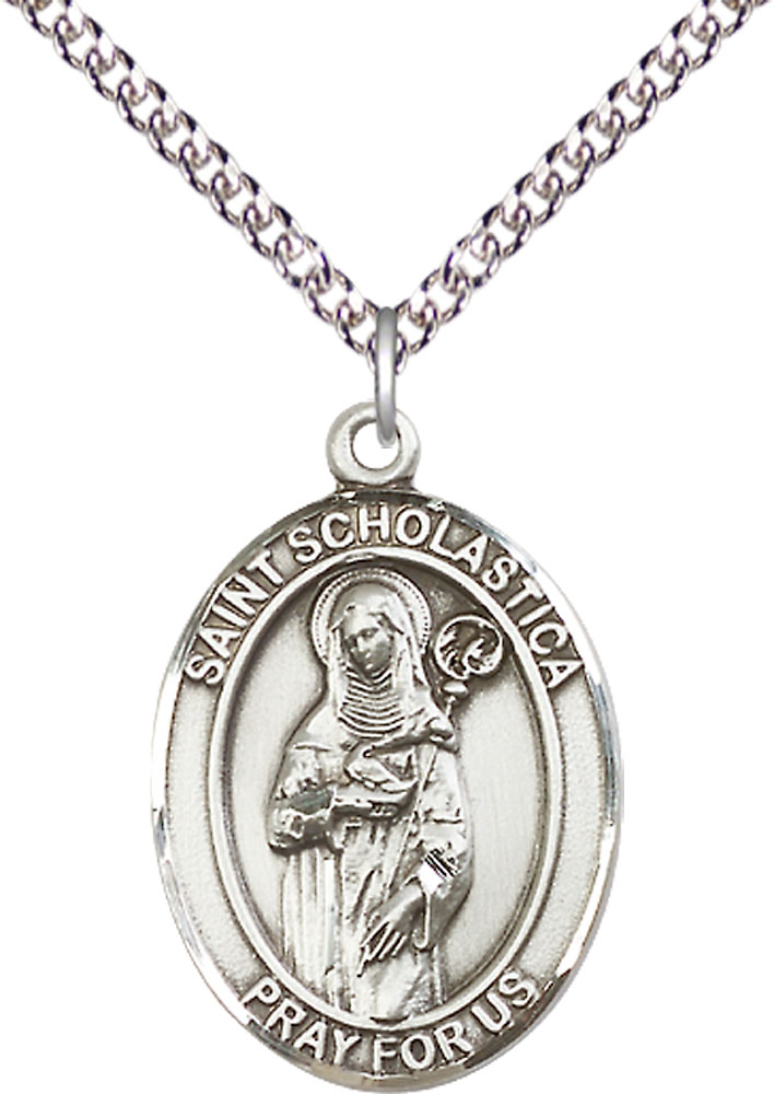 Sterling Silver Saint Scholastica Pendant on a 24 inch Sterling Silver Heavy Curb chain