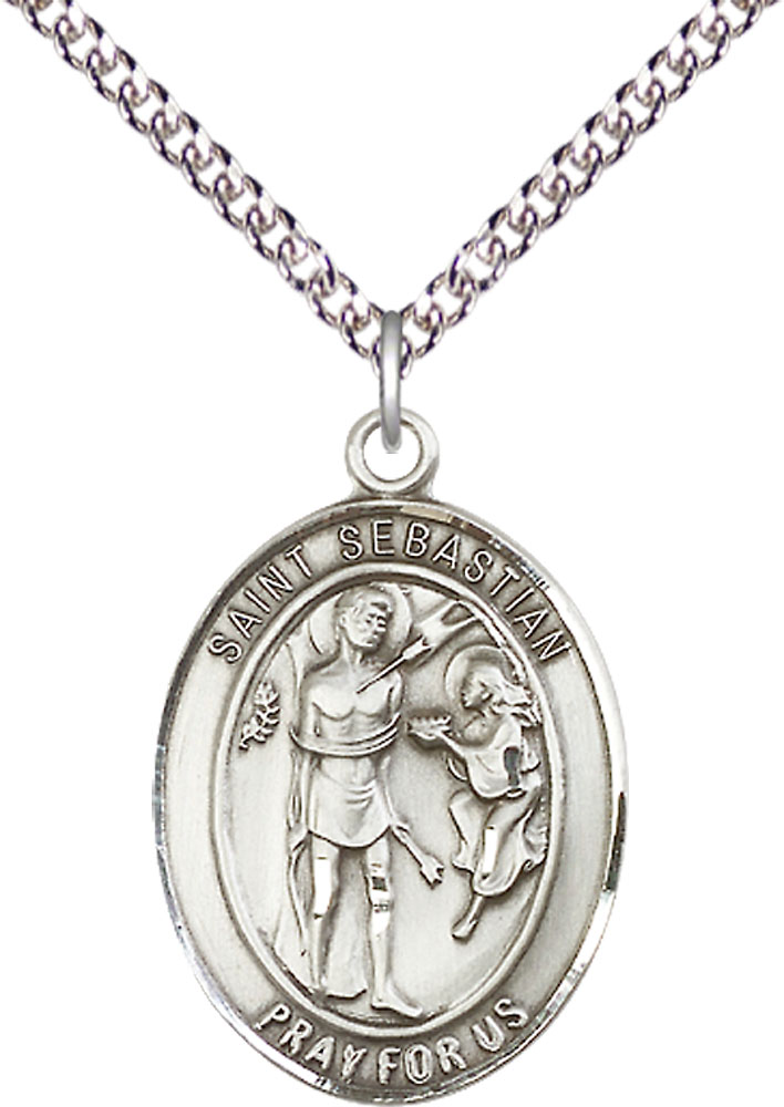 Sterling Silver Saint Sebastian Pendant on a 24 inch Sterling Silver Heavy Curb chain