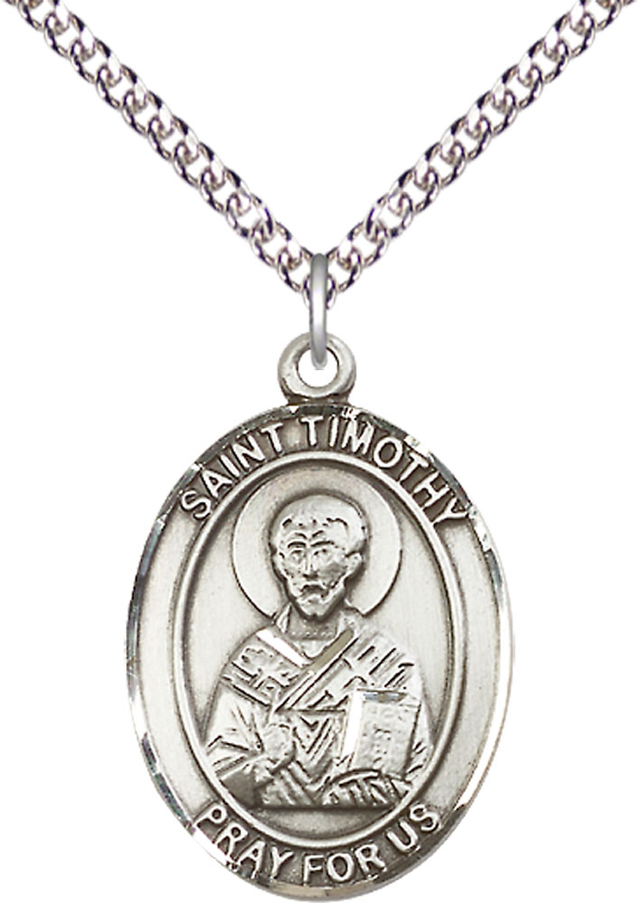 Sterling Silver Saint Timothy Pendant on a 24 inch Sterling Silver Heavy Curb chain