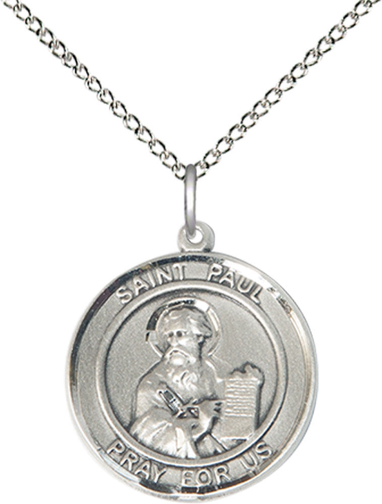 Sterling Silver Saint Paul the Apostle Pendant on a 18 inch Sterling Silver Light Curb chain