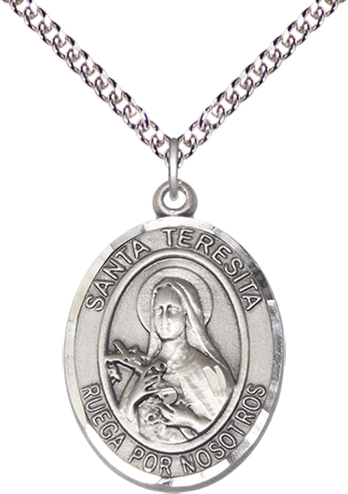 Sterling Silver Santa Teresita Pendant on a 24 inch Sterling Silver Heavy Curb chain
