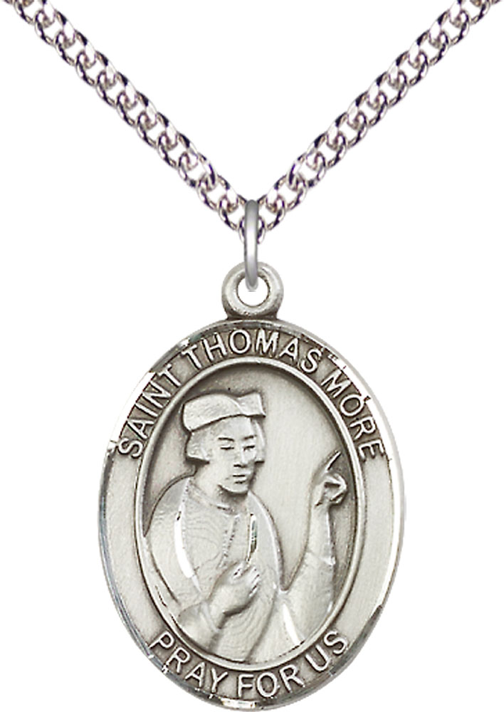 Sterling Silver Saint Thomas More Pendant on a 24 inch Sterling Silver Heavy Curb chain