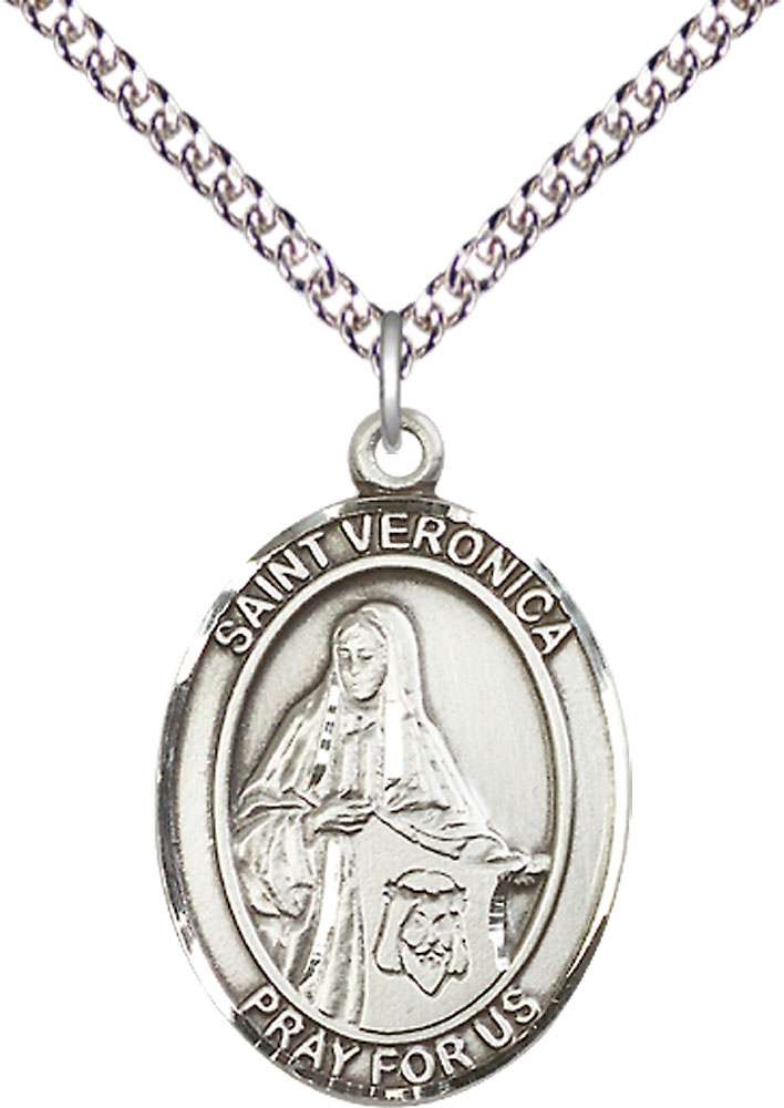 Sterling Silver Saint Veronica Pendant on a 24 inch Sterling Silver Heavy Curb chain