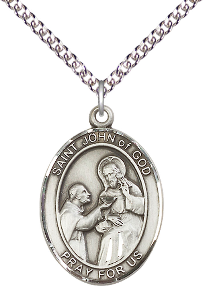 Sterling Silver Saint John of God Pendant on a 24 inch Sterling Silver Heavy Curb chain