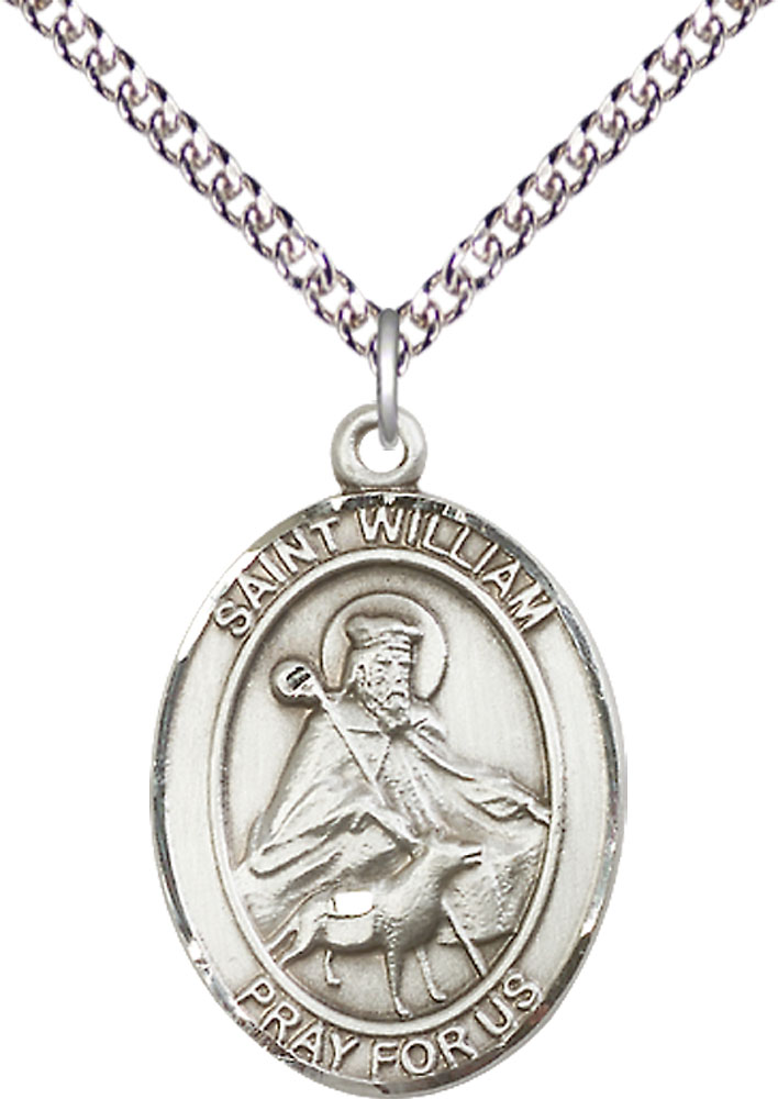 Sterling Silver Saint William of Rochester Pendant on a 24 inch Sterling Silver Heavy Curb chain