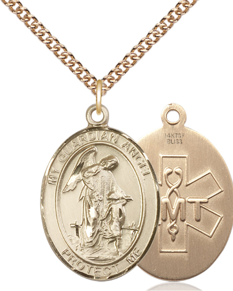 14kt Gold Filled Guardian Angel EMT Pendant on a 24 inch Gold Filled Heavy Curb chain