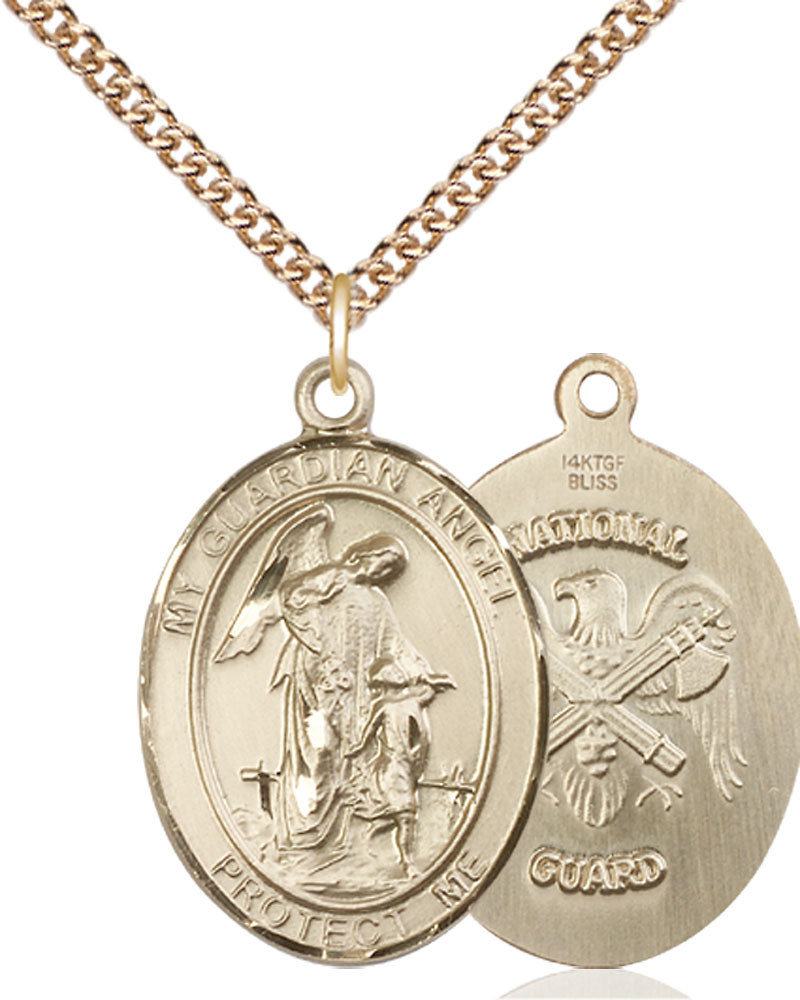 14kt Gold Filled Guardian Angel National Guard Pendant on a 24 inch Gold Filled Heavy Curb chain