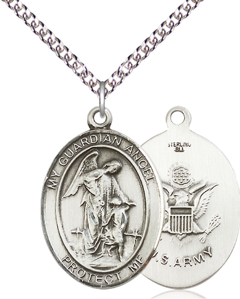 Sterling Silver Guardian Angel Army Pendant on a 24 inch Sterling Silver Heavy Curb chain
