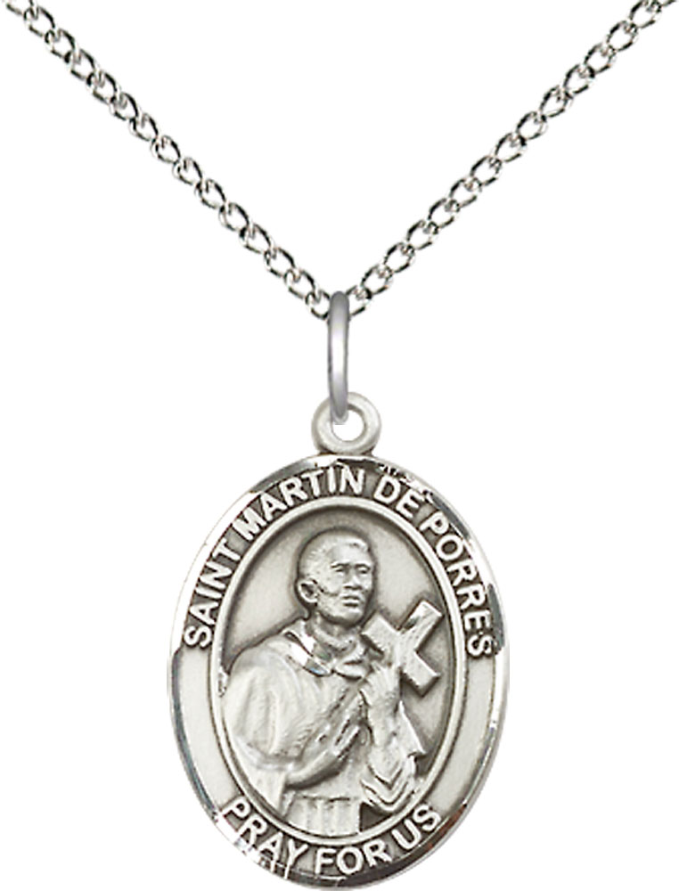 Sterling Silver Saint Martin de Porres Pendant on a 18 inch Sterling Silver Light Curb chain