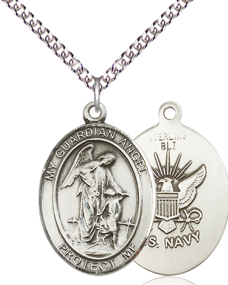 Sterling Silver Guardian Angel Navy Pendant on a 24 inch Sterling Silver Heavy Curb chain