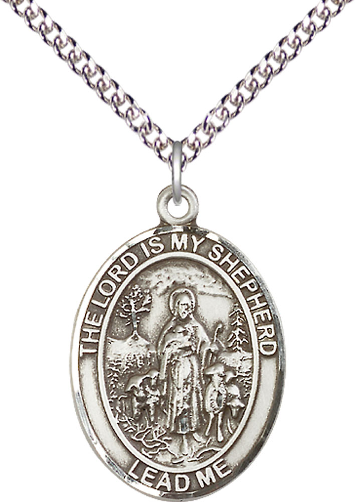 Sterling Silver Lord Is My Shepherd Pendant on a 24 inch Sterling Silver Heavy Curb chain