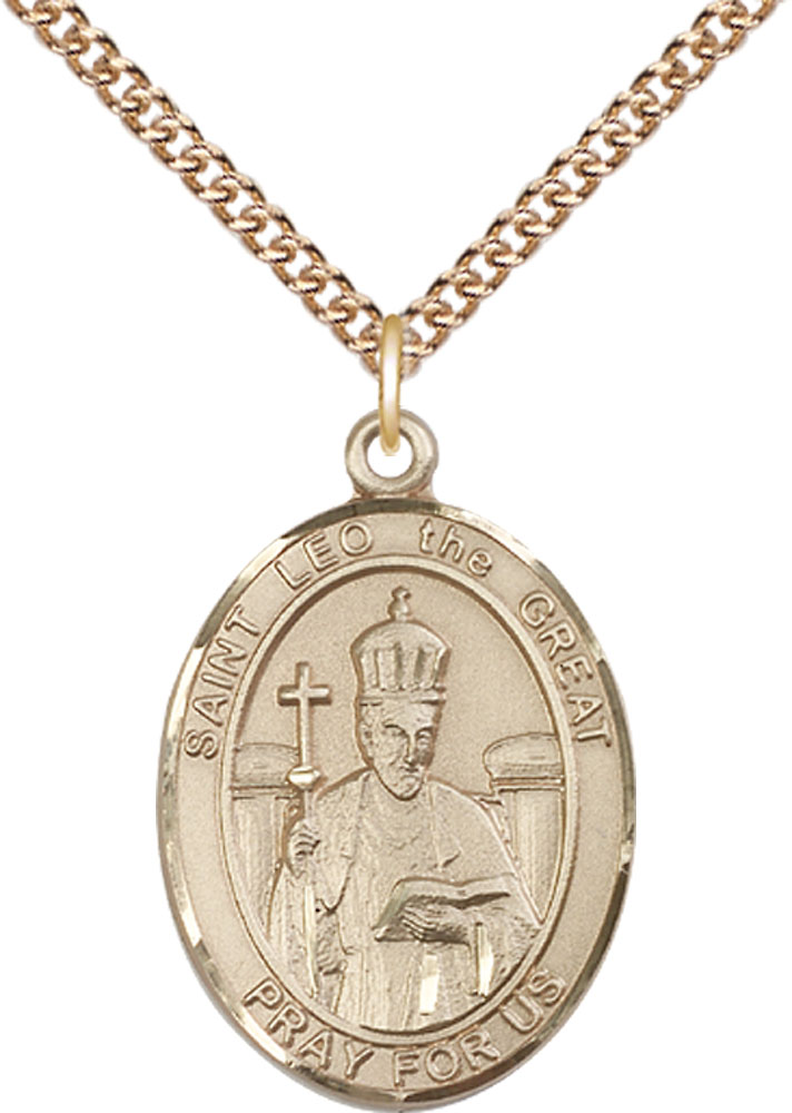 14kt Gold Filled Saint Leo the Great Pendant on a 24 inch Gold Filled Heavy Curb chain