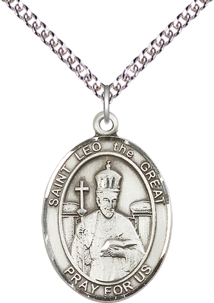Sterling Silver Saint Leo the Great Pendant on a 24 inch Sterling Silver Heavy Curb chain