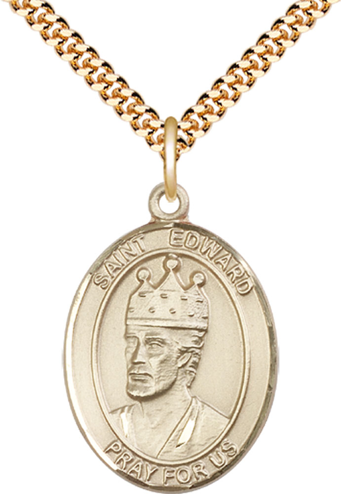 14kt Gold Filled Saint Edward the Confessor Pendant on a 24 inch Gold Plate Heavy Curb chain