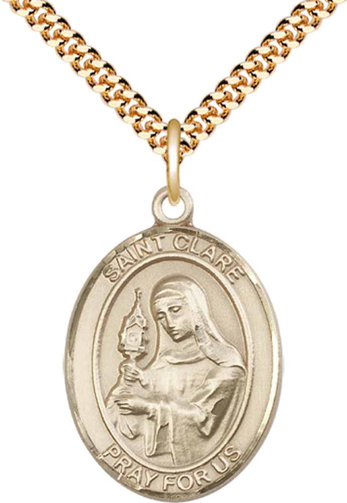 14kt Gold Filled Saint Clare of Assisi Pendant on a 24 inch Gold Plate Heavy Curb chain