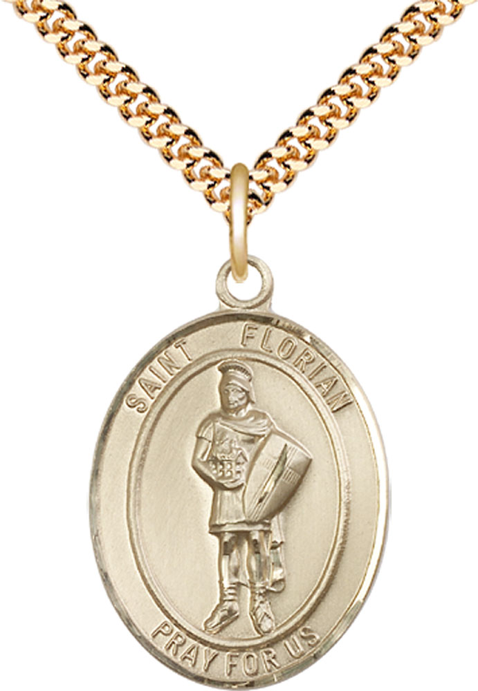 14kt Gold Filled Saint Florian Pendant on a 24 inch Gold Plate Heavy Curb chain