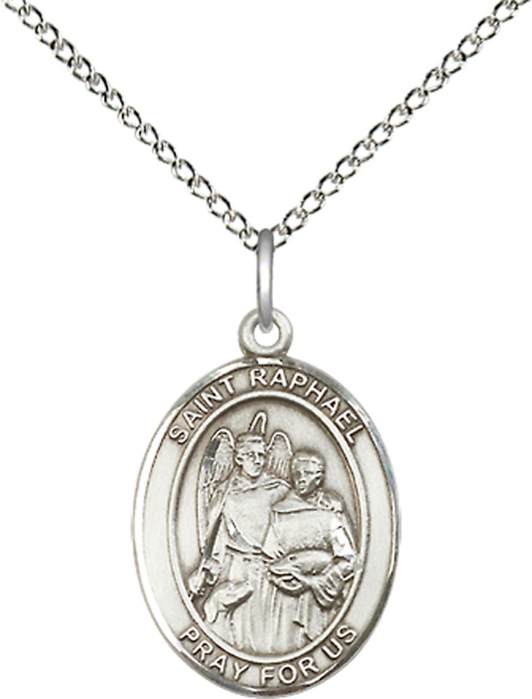 Sterling Silver Saint Raphael the Archangel Pendant on a 18 inch Sterling Silver Light Curb chain