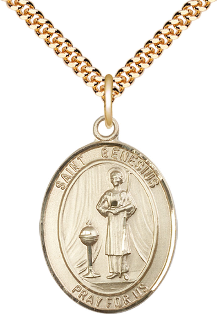 14kt Gold Filled Saint Genesius of Rome Pendant on a 24 inch Gold Plate Heavy Curb chain