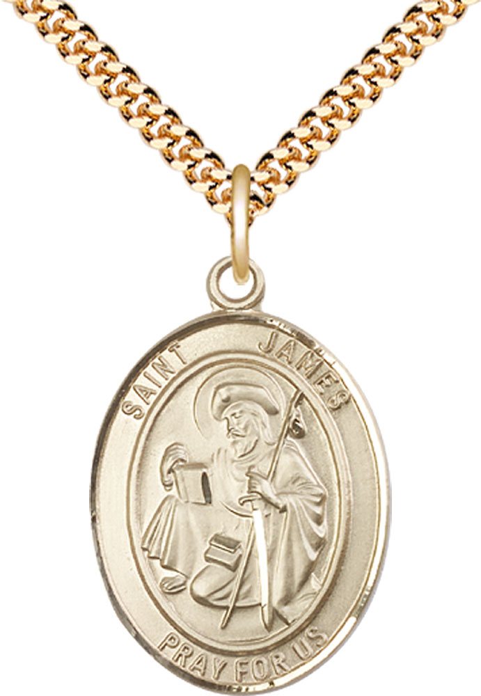 14kt Gold Filled Saint James the Greater Pendant on a 24 inch Gold Plate Heavy Curb chain