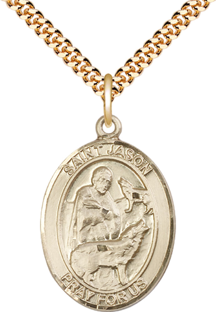 14kt Gold Filled Saint Jason Pendant on a 24 inch Gold Plate Heavy Curb chain