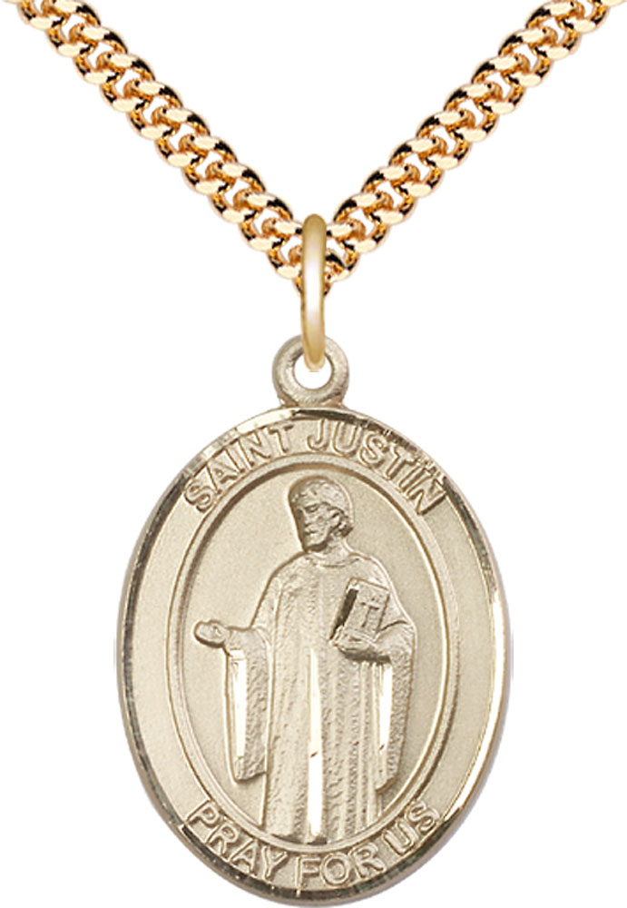 14kt Gold Filled Saint Justin Pendant on a 24 inch Gold Plate Heavy Curb chain