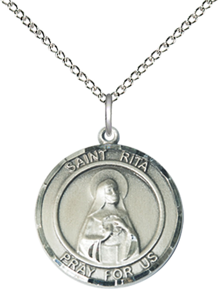 Sterling Silver Saint Rita of Cascia Pendant on a 18 inch Sterling Silver Light Curb chain