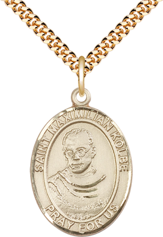 14kt Gold Filled Saint Maximilian Kolbe Pendant on a 24 inch Gold Plate Heavy Curb chain