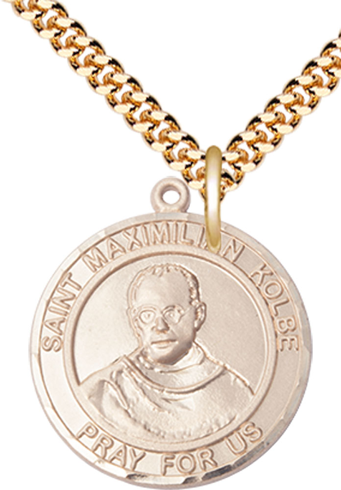 14kt Gold Filled Saint Maximilian Kolbe Pendant on a 24 inch Gold Plate Heavy Curb chain
