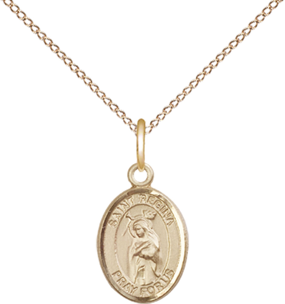 14kt Gold Filled Saint Regina Pendant on a 18 inch Gold Filled Light Curb chain